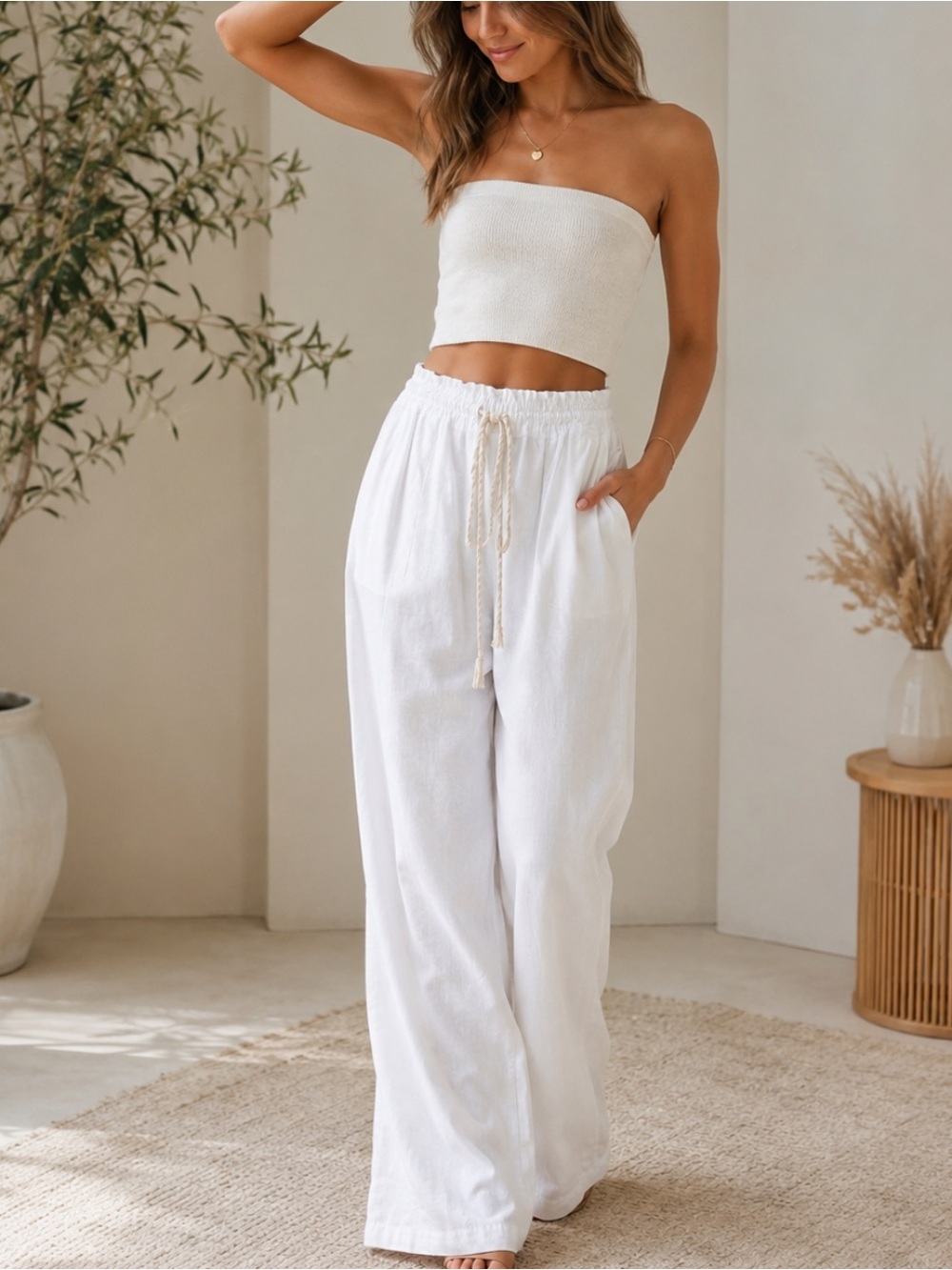 Roxy White Drawstring Wide Leg Pants